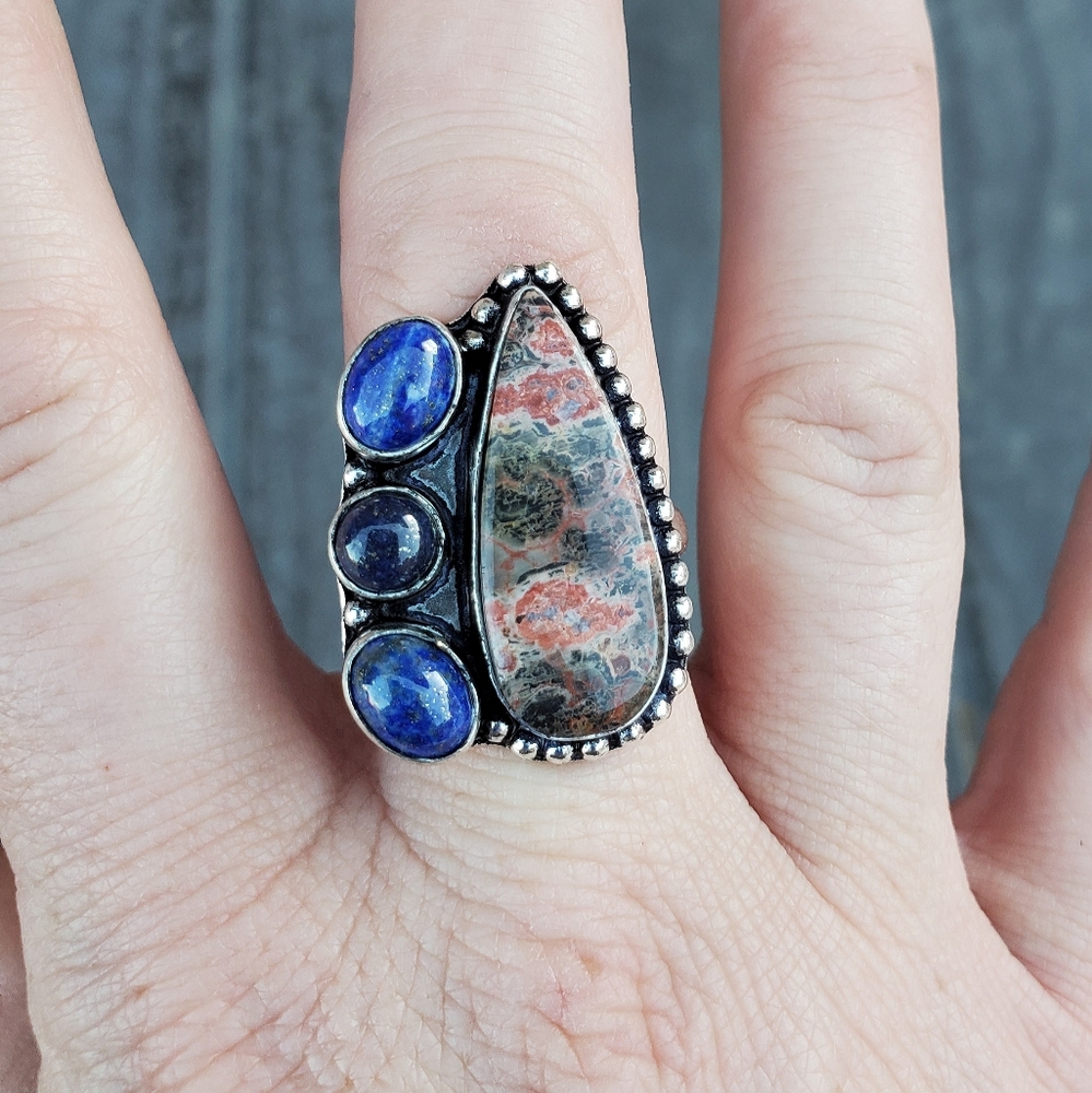New Leopard Skin Jasper & Lapis Lazuli 925 Silver Ring. - Picture 7 of 14